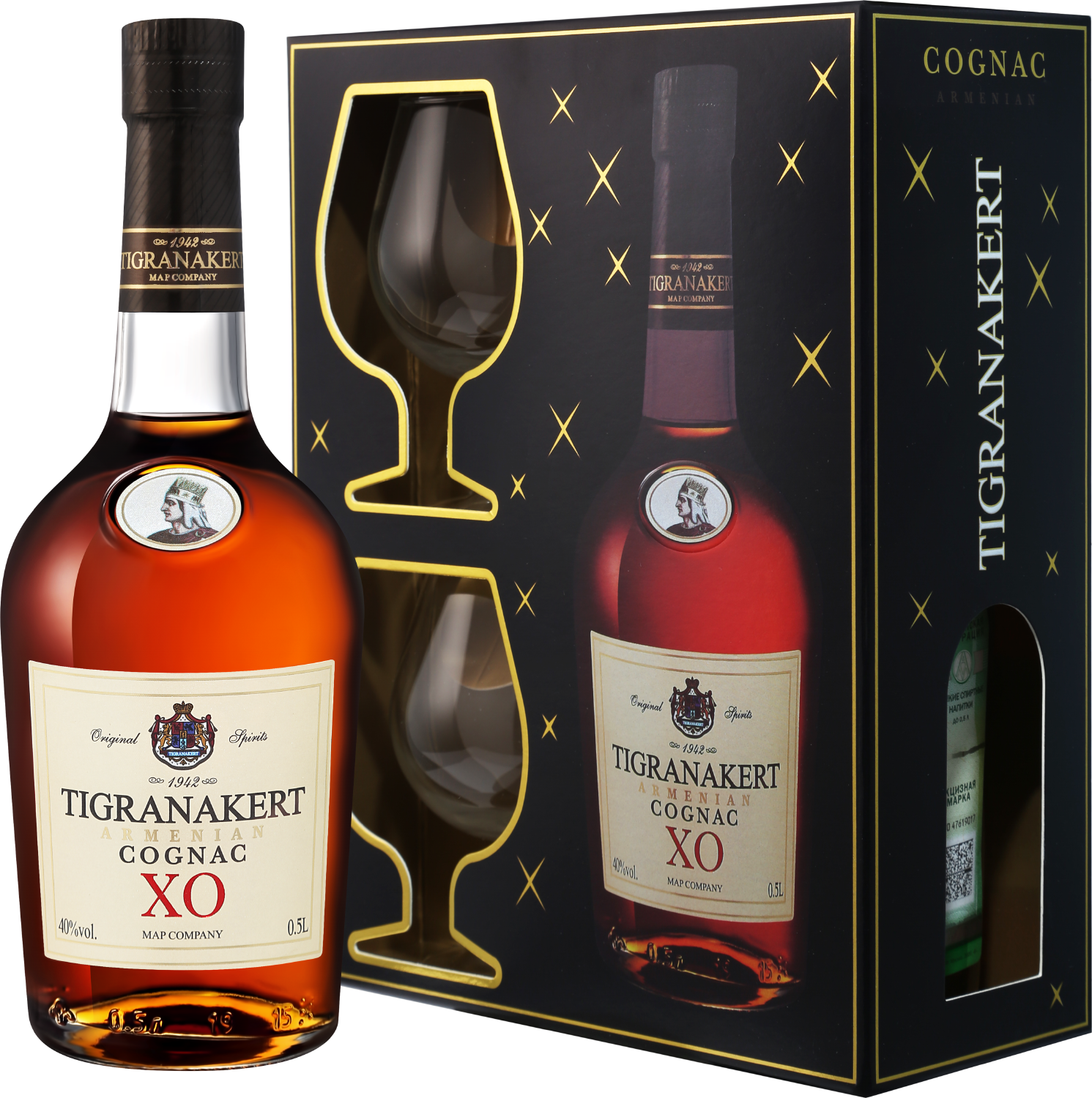 Тигранакерт XO в подарочной упаковке с 2-мя бокалами - 0.5 л